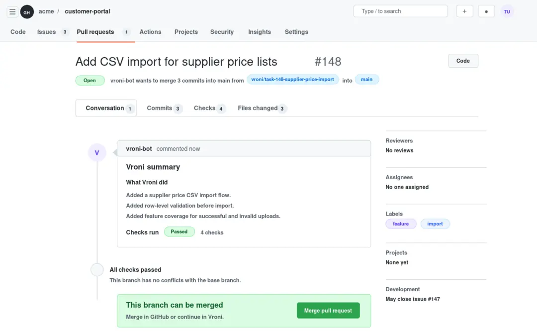 GitHub pull request created from Vroni delegated software work