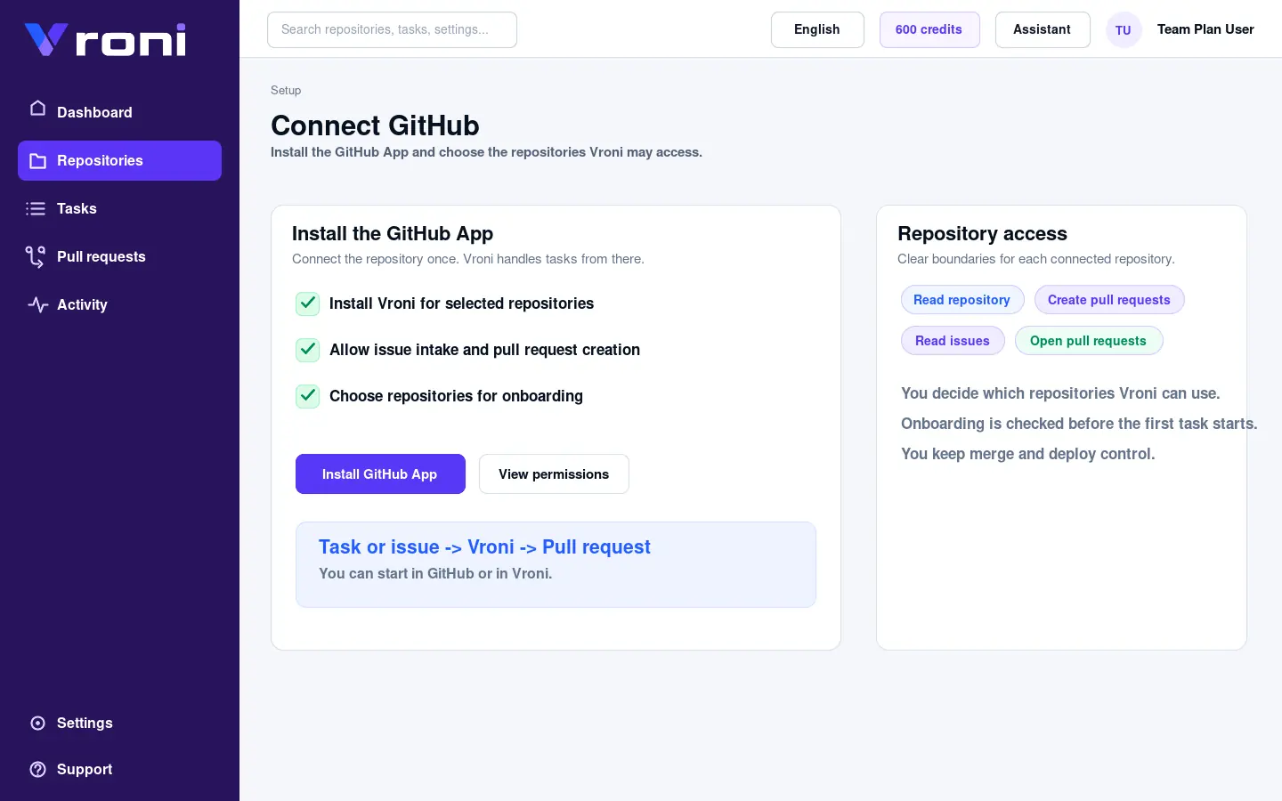 Vroni-Oberfläche zum Verbinden der GitHub App