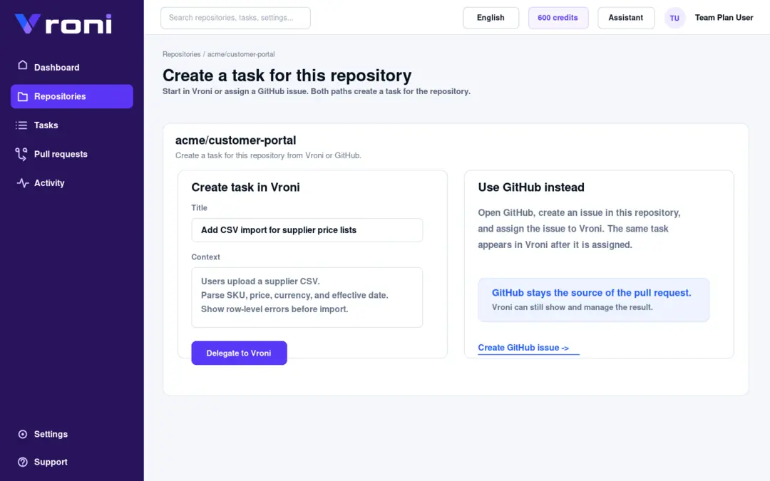 Vroni task creation screen with a delegated software task and repository context