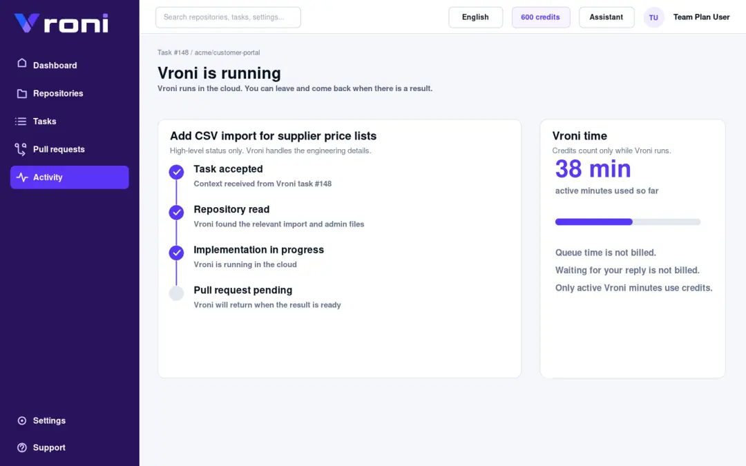 Vroni working on a delegated task with implementation steps, checks, and fixes