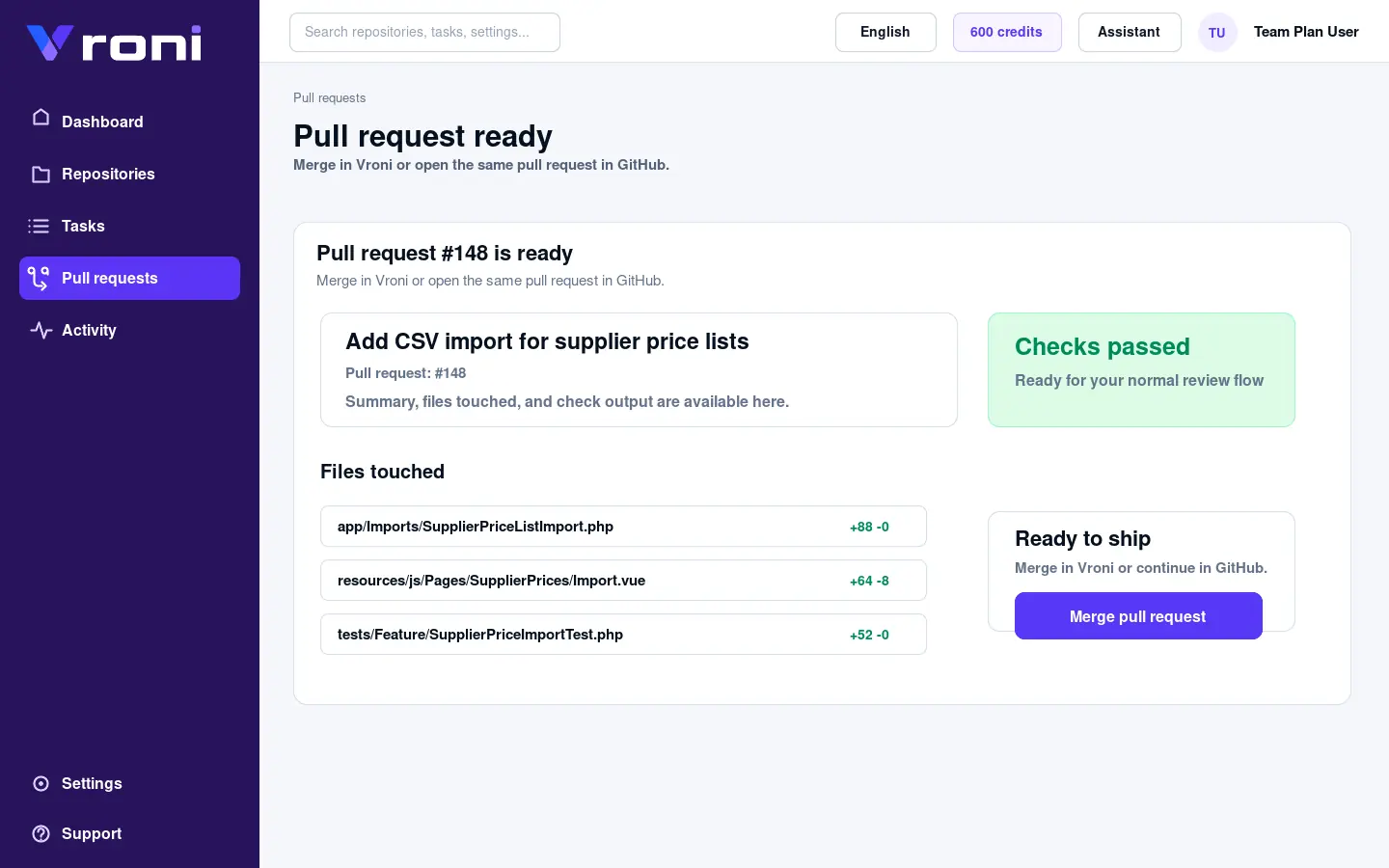 Vroni pull request ready screen